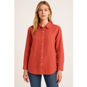J. Jill‎ 100% Linen Petite Small Coral Pink Button Down Shirt Top Blouse Casual